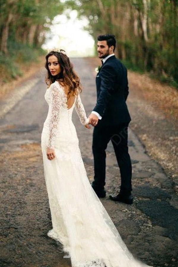 Sexy Meerjungfrau-Langarm-Hochzeitskleid aus weißer Spitze