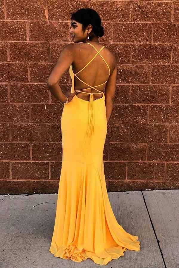 Sexy Mermaid Satin Criss Cross Yellow Long Prom Dress PG834
