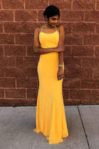 Sexy Mermaid Satin Criss Cross Yellow Long Prom Dress PG834