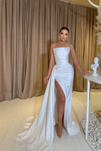 Sexy Mermaid Strapless Satin Split Front Long Prom Dresses With Beads