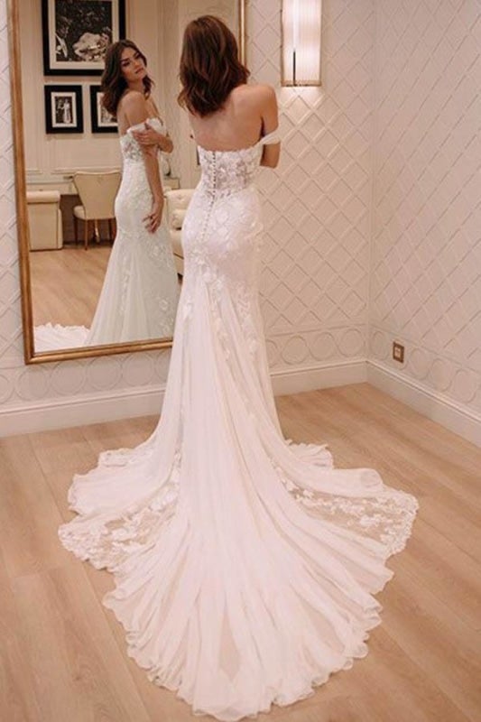 Sexy Trägerlos Applikation Strandkleid mit Hofzug Elfenbein Elegante Hochzeitskleider