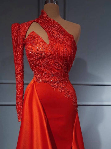 Sexy Abendkleid im Meerjungfrau-Stil mit einer Schulter, hohem Halsausschnitt, glitzerndem Blumenmuster aus Seidensatin und abnehmbarer Schleppe 