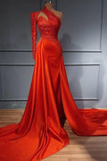 Vestido de Noche Sexy de Sirena Ajustado con un Solo Hombro, Cuello Alto, de Seda Satinada Brillante, Estampado Floral y Cola Desmontable