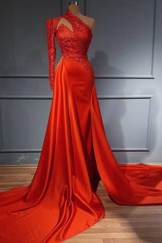 Sexy Abendkleid im Meerjungfrau-Stil mit einer Schulter, hohem Halsausschnitt, glitzerndem Blumenmuster aus Seidensatin und abnehmbarer Schleppe 