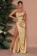 Sexy One Shoulder Slit Long Prom Dress With Satin Side by misshow.com