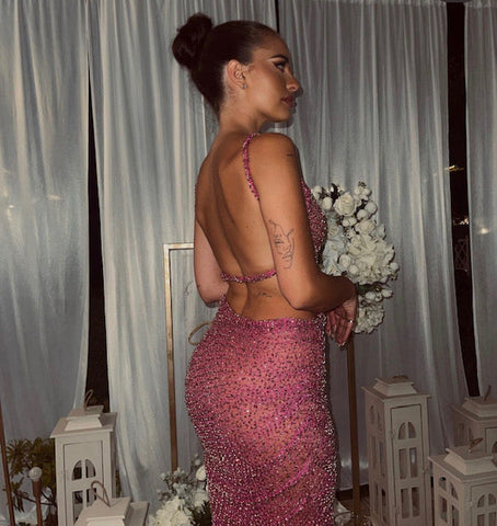 Sexy Long Mermaid Round Neck Sequin Open Back Evening Dresses