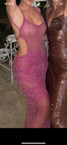 Sexy Long Mermaid Round Neck Sequin Open Back Evening Dresses