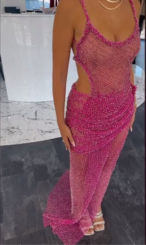 Sexy Long Mermaid Round Neck Sequin Open Back Evening Dresses