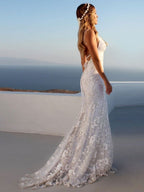 Sexy Hübsche Meerjungfrau Elegante Hochzeitskleider Weiß V-Ausschnitt Rückenfreie Spitze Brautkleider
