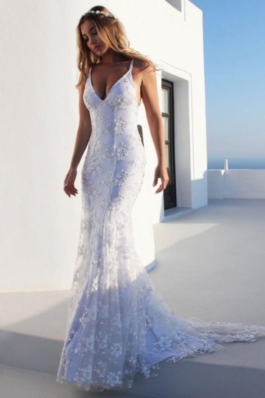 Sexy Hübsche Meerjungfrau Elegante Hochzeitskleider Weiß V-Ausschnitt Rückenfreie Spitze Brautkleider