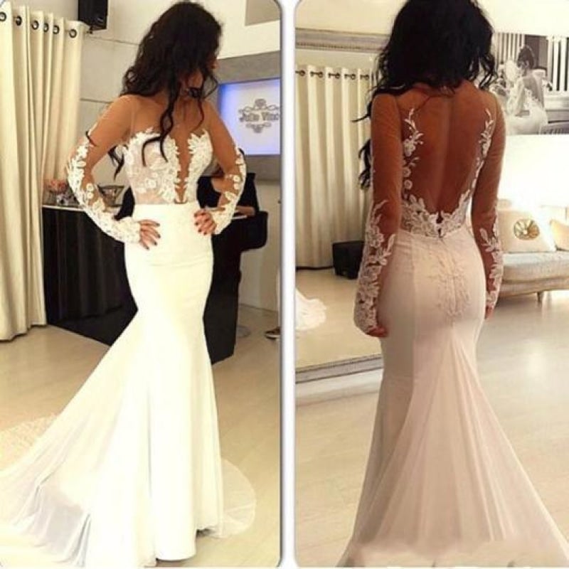 Sexy Hübsche Meerjungfrau Rückenfreies Langarm Elegantes Brautkleid