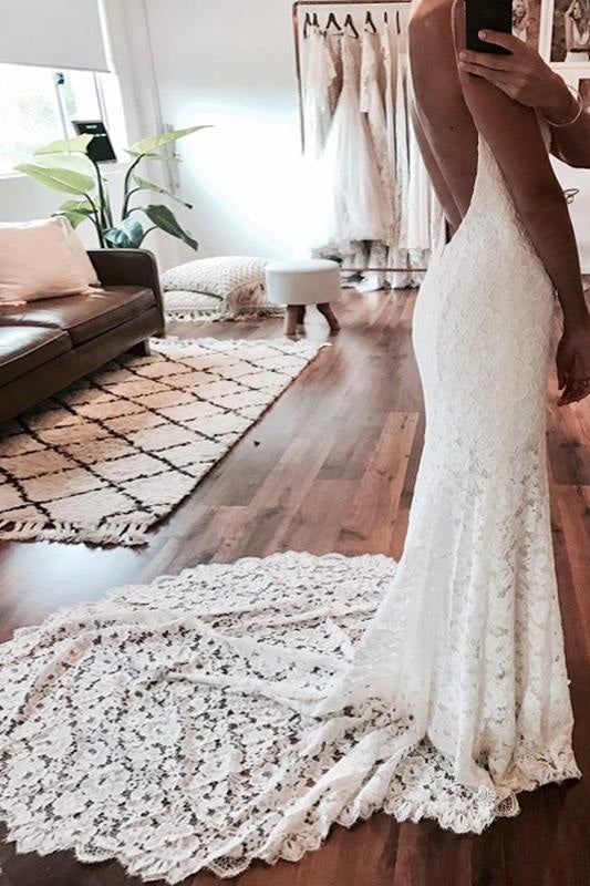 Sexy Hübsche Meerjungfrau-Träger Rückenfreies Strandspitze Elegantes Hochzeitskleid