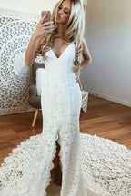 Sexy Hübsche Meerjungfrau-Träger Rückenfreies Strandspitze Elegantes Hochzeitskleid