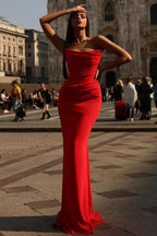Sexy Red Long Strapless Sleeveless Satin Mermaid Evening Dresses
