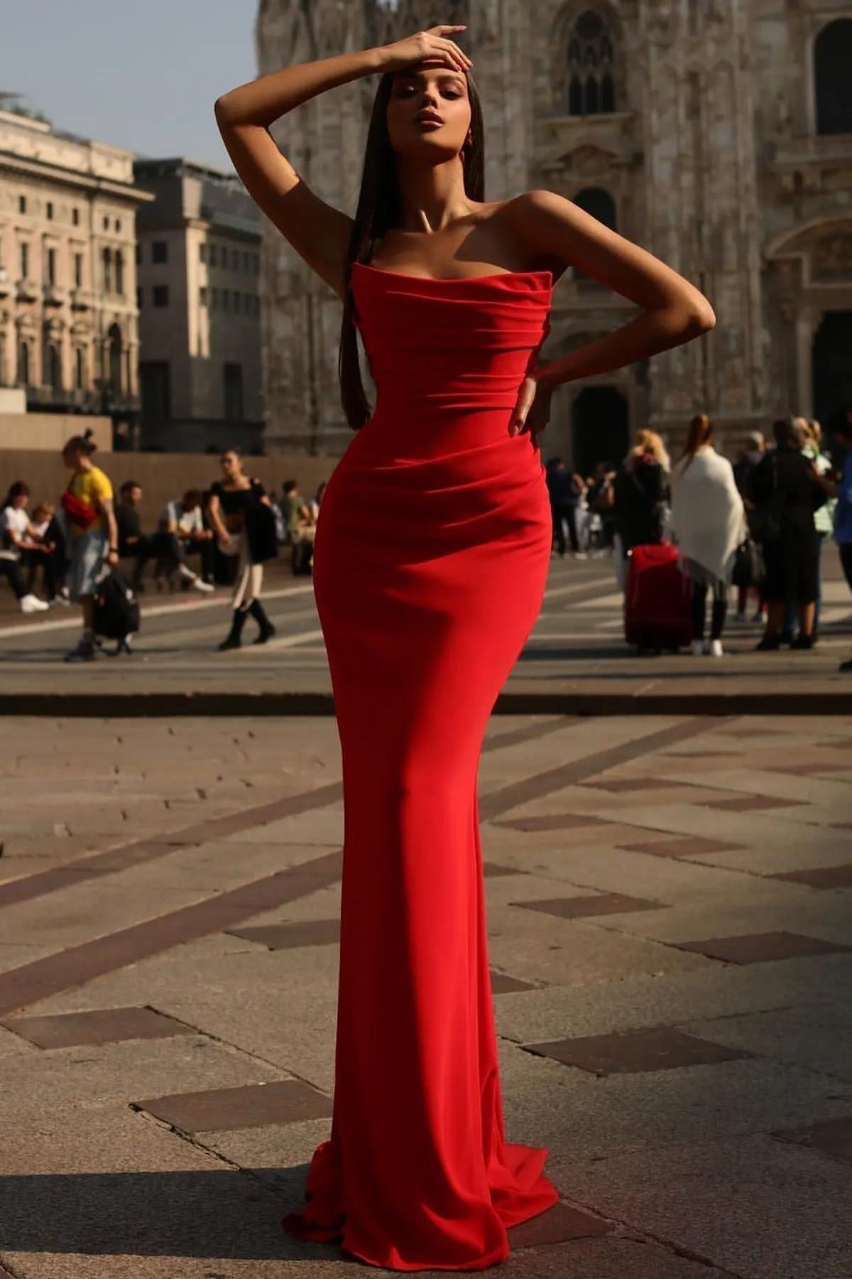 Sexy Red Long Strapless Sleeveless Satin Mermaid Evening Dresses