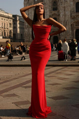Sexy Red Long Strapless Sleeveless Satin Mermaid Evening Dresses