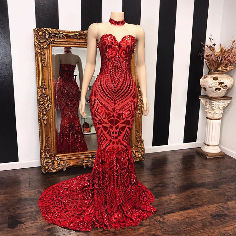Sexy Red Sequins Mermaid Sweetheart Long Evening Gowns