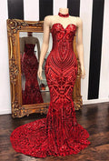 Abiti da Sera Lunghi a Sirena con Scollatura a Cuore e Paillettes Rosse Seducenti