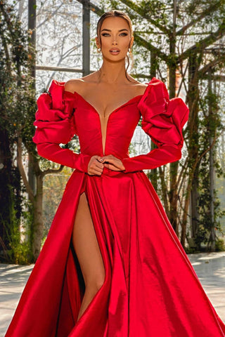 Sexy Red V Neck Bubble Sleeves Long A-line Satin Evening Dresses with Slit