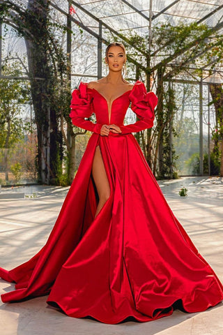 Sexy Red V Neck Bubble Sleeves Long A-line Satin Evening Dresses with Slit