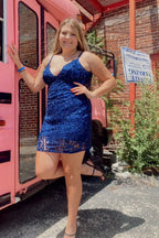 Sexy königsblaues V-Ausschnitt-Spaghettiträger-Trägerloses Kurzes Homecoming-Kleid