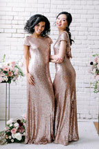Sexy Sequined Bridesmaid Dresses Rose Gold Long Wedding Guest Dresses