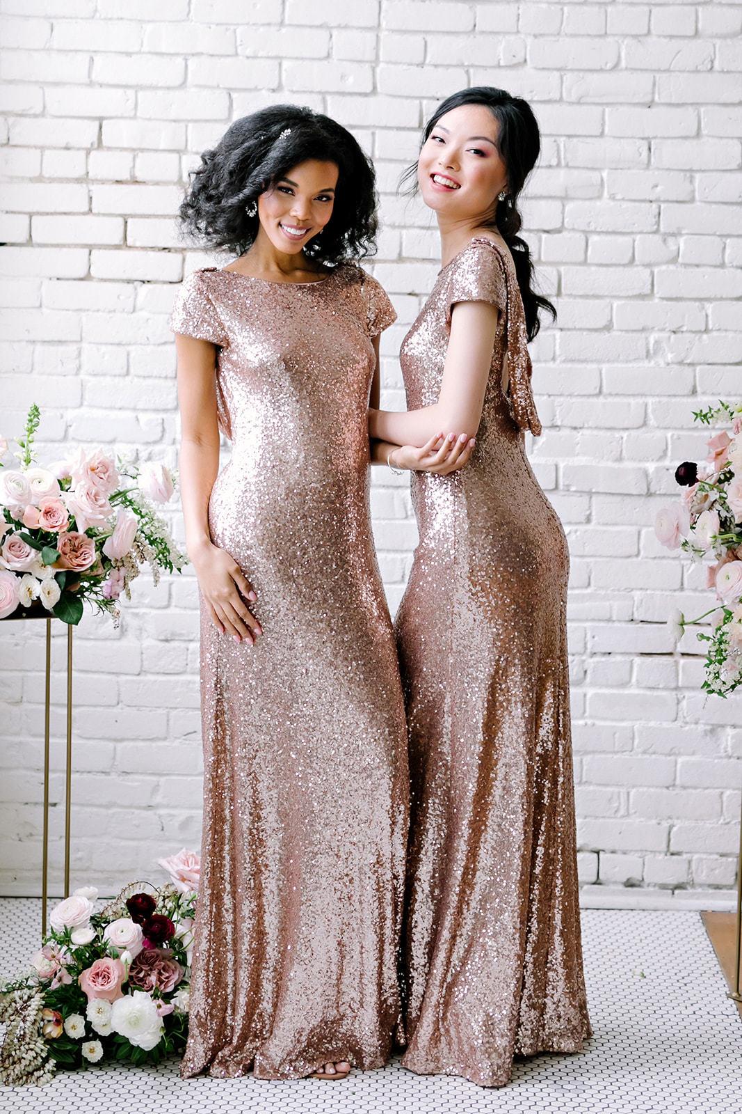 Sexy Sequined Bridesmaid Dresses Rose Gold Long Wedding Guest Dresses