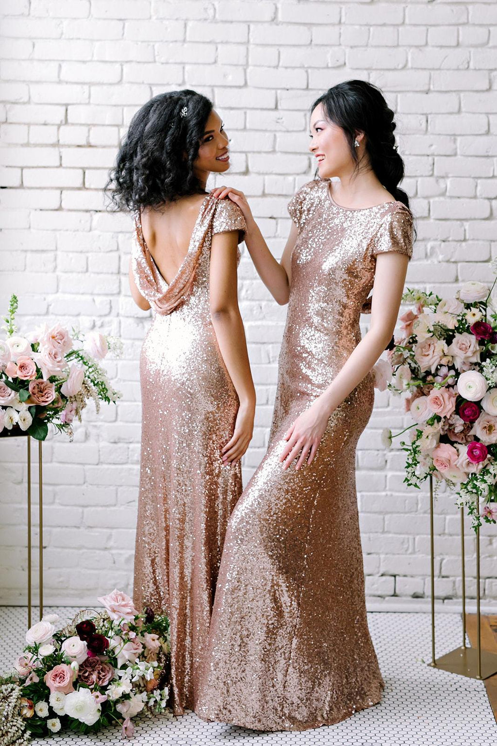 Sexy Sequined Bridesmaid Dresses Rose Gold Long Wedding Guest Dresses
