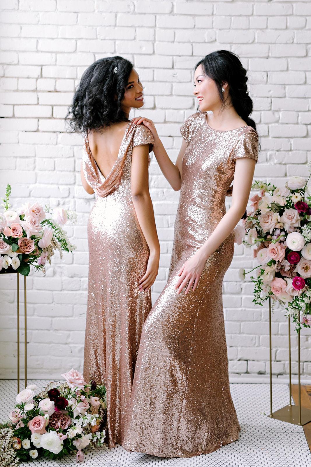 Sexy Sequined Bridesmaid Dresses Rose Gold Long Wedding Guest Dresses