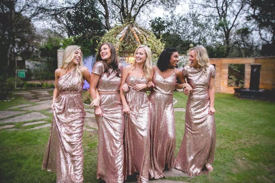 Sexy Sequined Bridesmaid Dresses Rose Gold Long Wedding Guest Dresses
