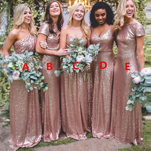 Sexy Sequined Bridesmaid Dresses Rose Gold Long Wedding Guest Dresses