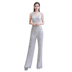 Sexy glänzender ärmelloser Ball-Jumpsuit mit silbernen Pailletten und V-Ausschnitt