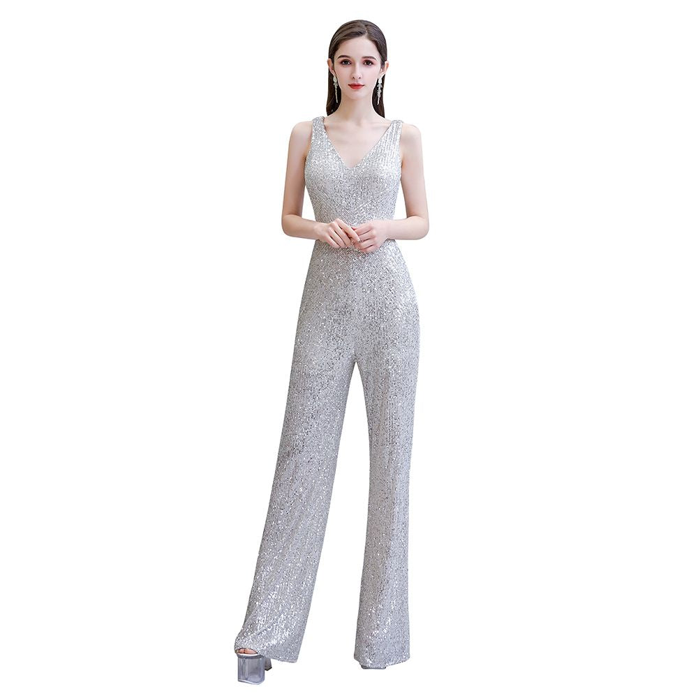 Sexy glänzender ärmelloser Ball-Jumpsuit mit silbernen Pailletten und V-Ausschnitt