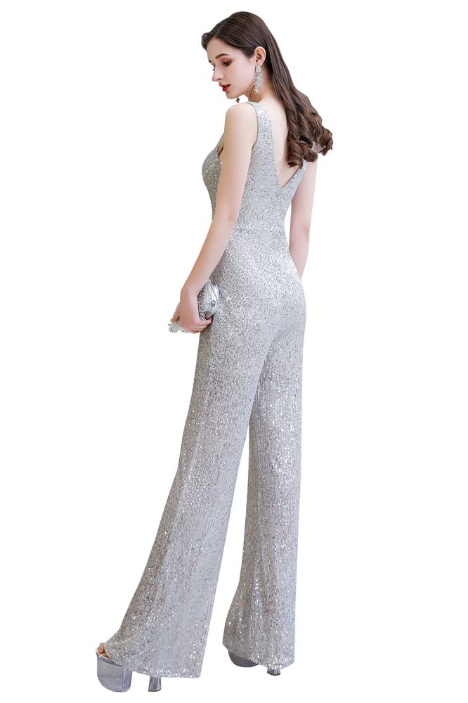 Sexy glänzender ärmelloser Ball-Jumpsuit mit silbernen Pailletten und V-Ausschnitt
