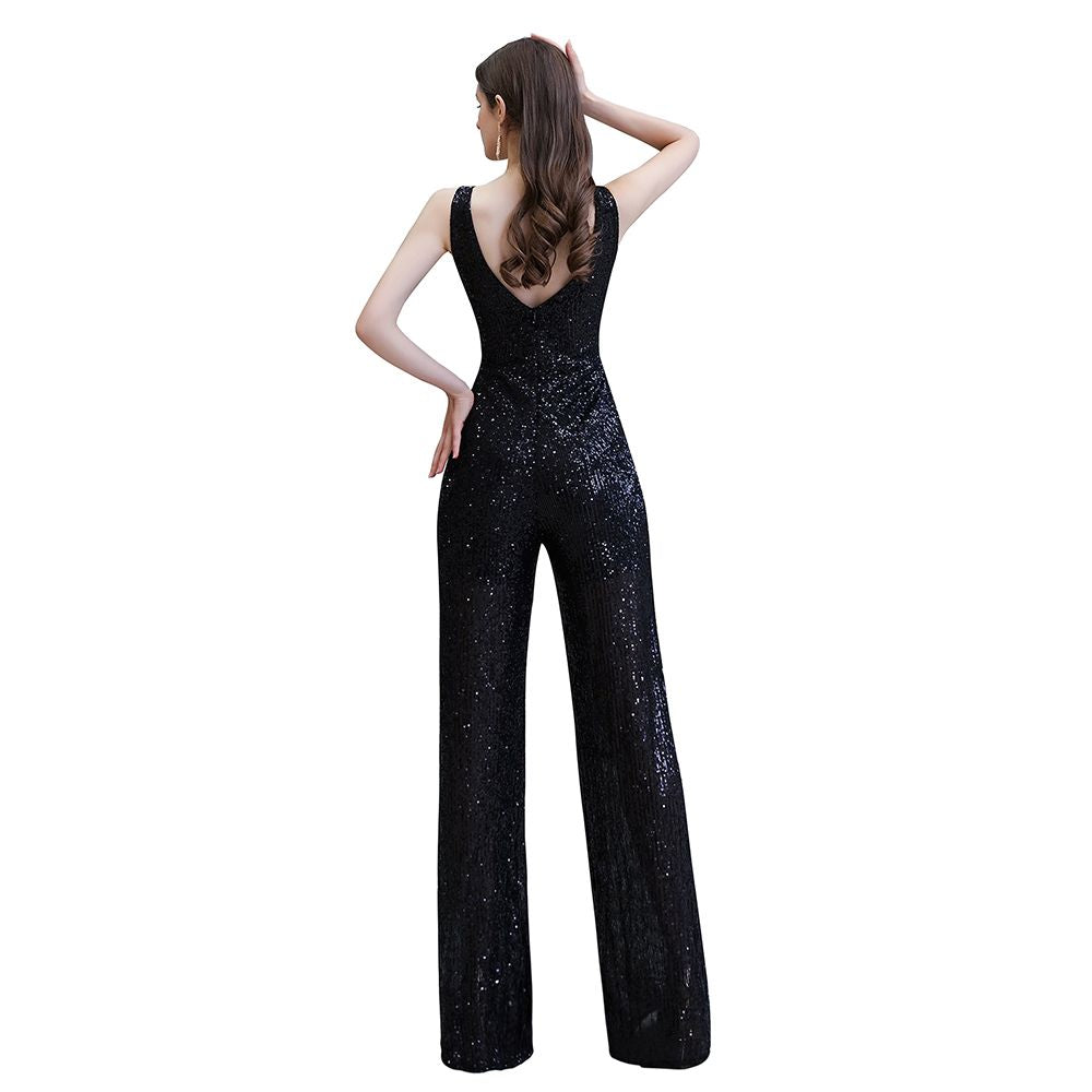 Sexy glänzender ärmelloser Ball-Jumpsuit mit silbernen Pailletten und V-Ausschnitt
