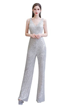 Sexy glänzender ärmelloser Ball-Jumpsuit mit silbernen Pailletten und V-Ausschnitt