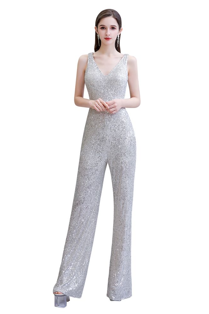 Sexy glänzender ärmelloser Ball-Jumpsuit mit silbernen Pailletten und V-Ausschnitt