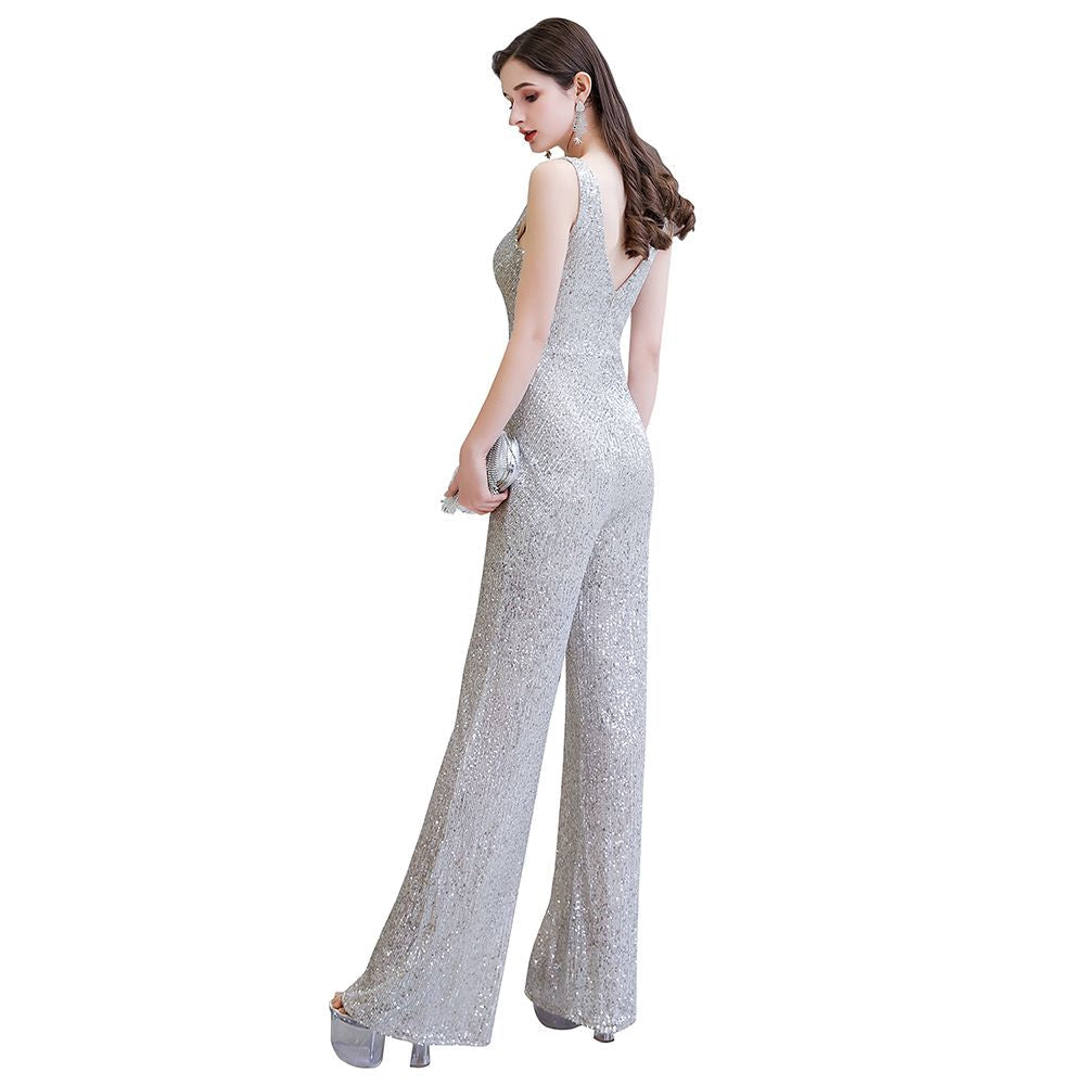 Sexy glänzender ärmelloser Ball-Jumpsuit mit silbernen Pailletten und V-Ausschnitt