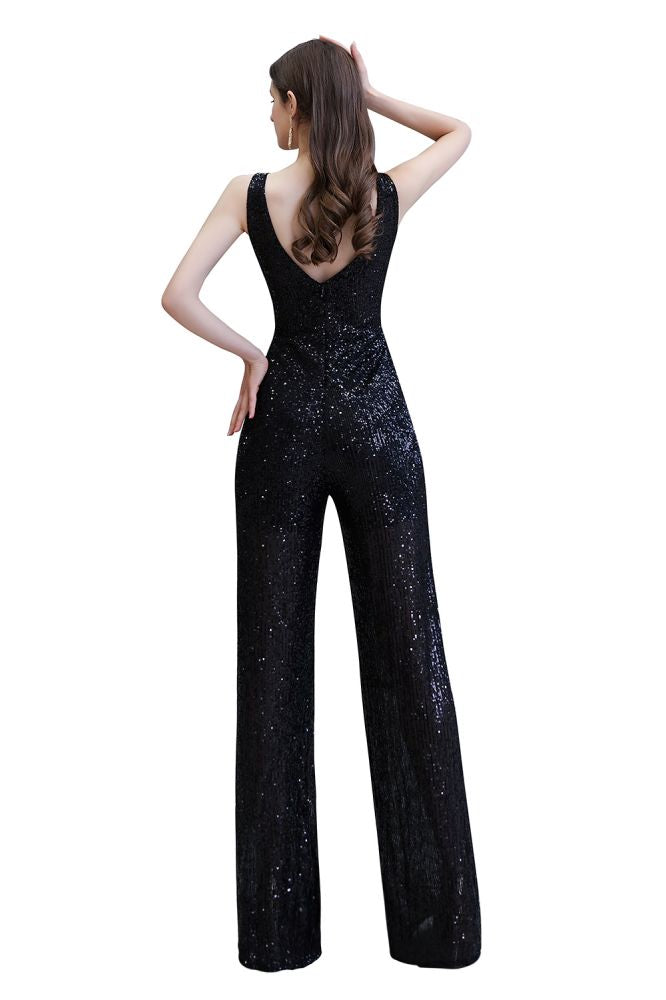 Sexy glänzender ärmelloser Ball-Jumpsuit mit silbernen Pailletten und V-Ausschnitt