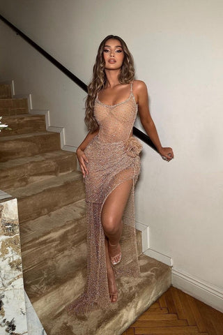 Sexy Sweetheart Sequins Spaghetti Strap Long Split Evening Dresses