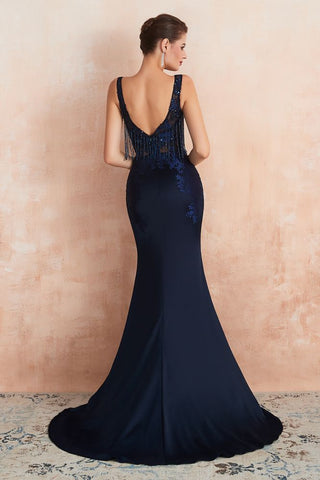 Vestido de baile sereia sexy sem mangas, costas nuas, cetim com lantejoulas brilhantes