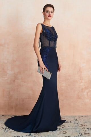 Vestido de baile sereia sexy sem mangas, costas nuas, cetim com lantejoulas brilhantes