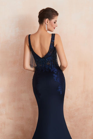 Vestido de baile sereia sexy sem mangas, costas nuas, cetim com lantejoulas brilhantes