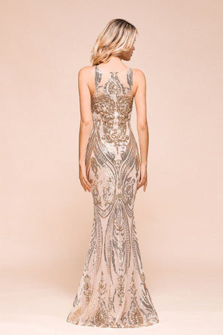 Sexy ärmelloses Meerjungfrau-Ballkleid mit glitzerndem Goldmuster, bodenlange Träger, Abendkleid