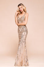 Sexy ärmelloses Meerjungfrau-Ballkleid mit glitzerndem Goldmuster, bodenlange Träger, Abendkleid