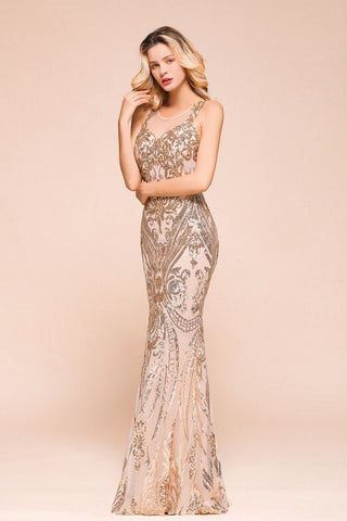 Sexy ärmelloses Meerjungfrau-Ballkleid mit glitzerndem Goldmuster, bodenlange Träger, Abendkleid