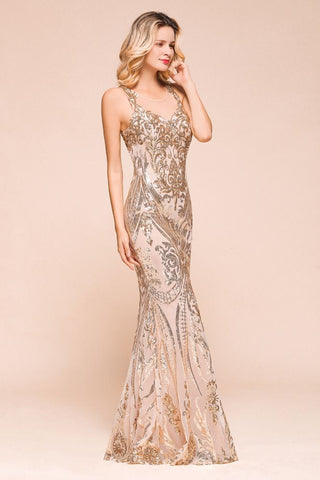 Sexy ärmelloses Meerjungfrau-Ballkleid mit glitzerndem Goldmuster, bodenlange Träger, Abendkleid