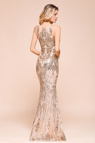 Sexy ärmelloses Meerjungfrau-Ballkleid mit glitzerndem Goldmuster, bodenlange Träger, Abendkleid