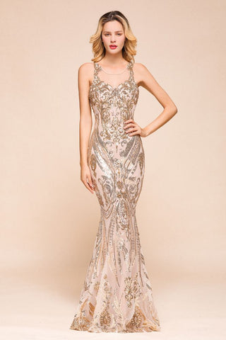 Sexy ärmelloses Meerjungfrau-Ballkleid mit glitzerndem Goldmuster, bodenlange Träger, Abendkleid