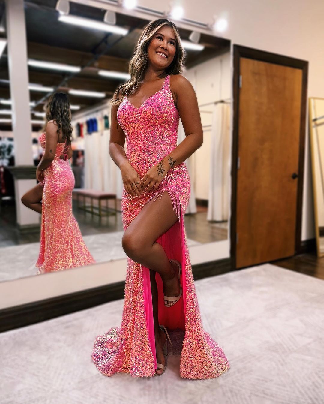 Sexy Sleeveless Slit Front Spaghetti Straps Prom Dress